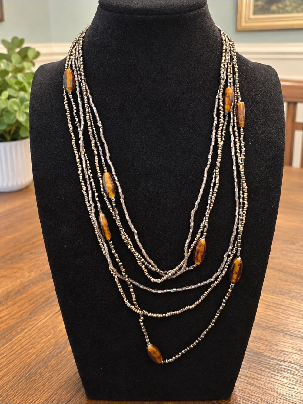 Vintage Style Multi Strand Beaded Necklace Amber Tone Brown Metallic Statement